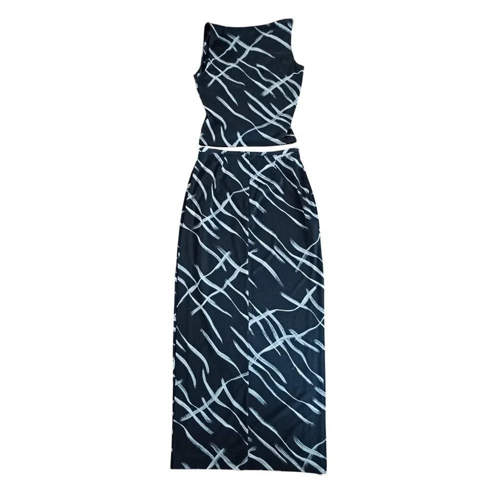 Cache Vintage 2 Piece Maxi Skirt Set Black White Abstract Brushstroke Size 8